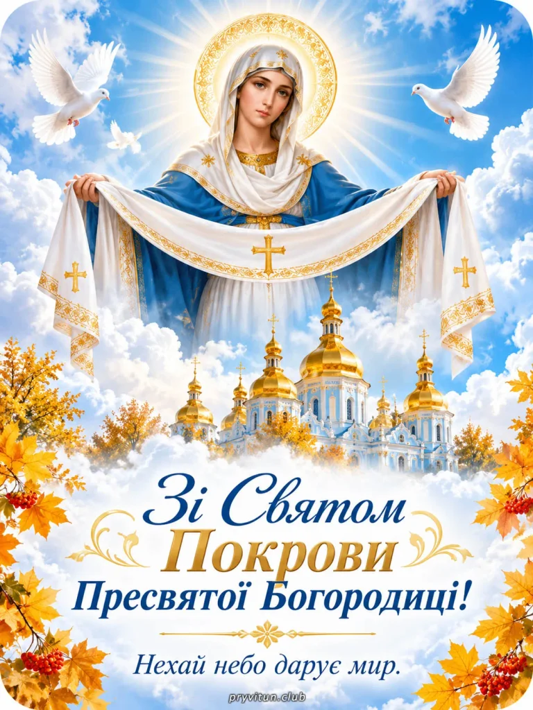 Красива листівка з Покровою Пресвятої Богородиці