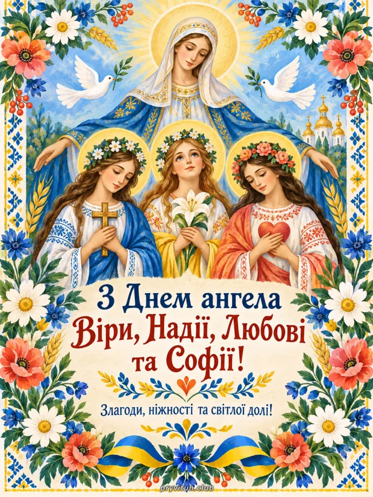 Святкова листівка з іменинами Віри, Надії та Любові