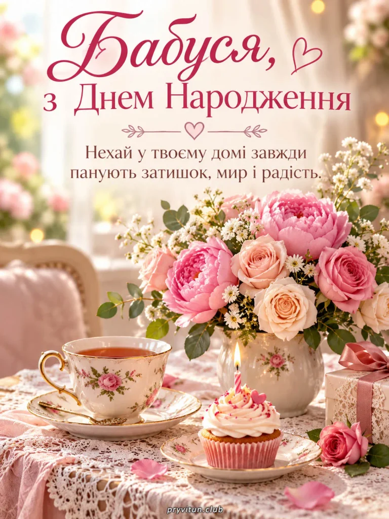 Красива картинка з квітами та привітанням бабусі