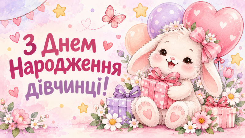 З Днем Народження дівчинці  привітання українською в красивих, ніжних та милих картинках